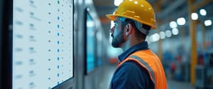Supervisor in hard hat/hi-vis at large factory screen — Visual Dispatch UI composited into the screen. AI-gen