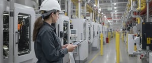 Manufacturing engineer reviewing data on a tablet while walking a row of CNC machines on a connected shop floor