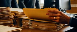Hands sorting a pile of documents and manila folders on a desk, the manual filing that Doc-Trak's AI document processing replaces