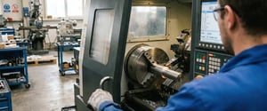 A machinist operating a CNC lathe on a manufacturing shop floor, with the machine's control panel readout visible.