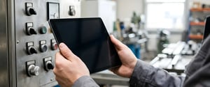 Worker's hands holding a tablet at an industrial control panel, reflecting how Shop-Trak Mobile lets operators report and close jobs right at the machine