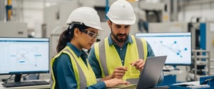 Operations director and Lake Companies consultant reviewing SyteLine performance metrics at a manufacturing plant workstation