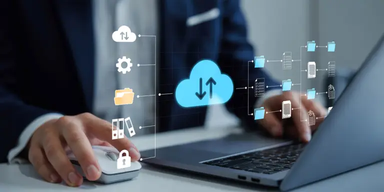 Business professional managing cloud-based document migration with connected folders and files