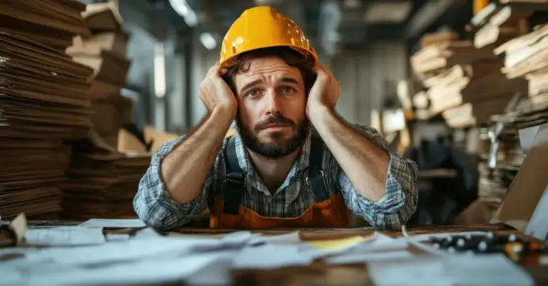 Manufacturing office worker surrounded by stacks of paper documents and folders at a cluttered desk, with an industrial facility visible in the background